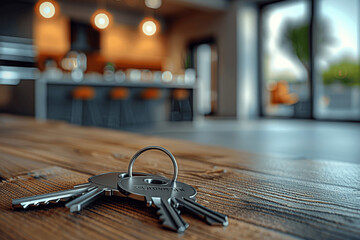 Keys on Table in Modern Apartment Interior. Real Estate, Mortgage, Investment, Property, Rent or Own New Home. Generative AI
