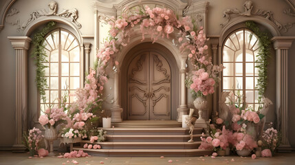 Pink Flowers Archway Entrance with Ornate Doors 3D Illustration