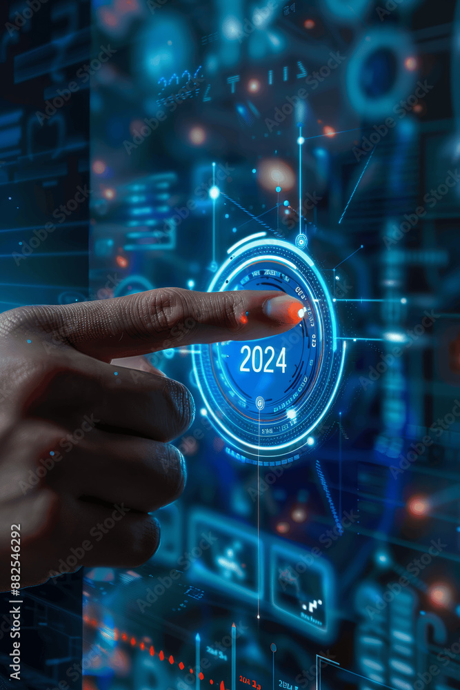 Poster 2024 businessman analyzing financial data for investment growth goals with digital virtual graphics 
