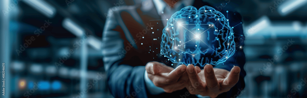 Poster businessman with virtual hologram of digital brain and social network connection in futuristic offic