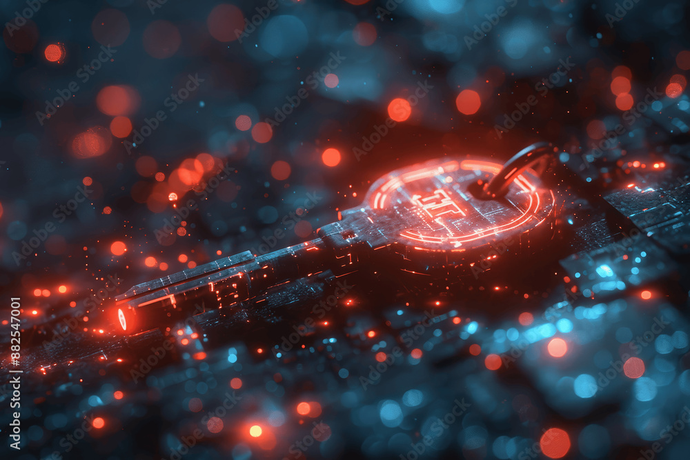 Poster key on digital blue background with cybersecurity elements and blue glow. internet technology, infor