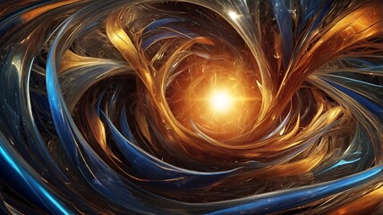 Digital artwork of an abstract swirling vortex with a bright light at its center, creating a dynamic and visually captivating composition 