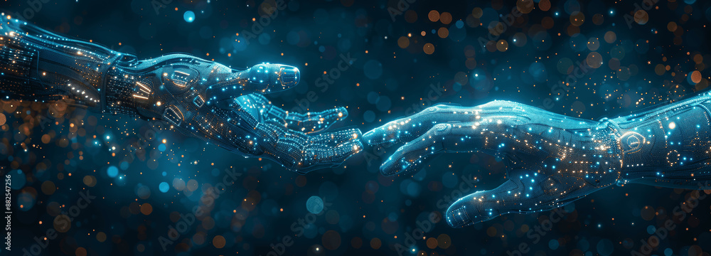 Poster human and robot hand touching ai machine learning data analysis virtual reality futuristic technolog
