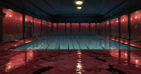 interior of bathhouse spa indoor swimming pool hot tub in palace mansion castle house. steam and fog. luxurious greek and gothic style resort with flower petals scattered on red tile and water.