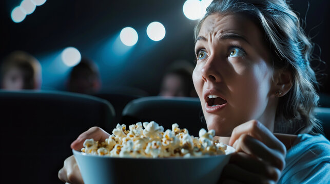 Frightened woman gasping in shock, holding a bowl of popcorn tightly, watching a horror movie at the cinema