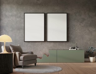 Home interior with poster mockup, Scandinavian Bohemian style, 3d render