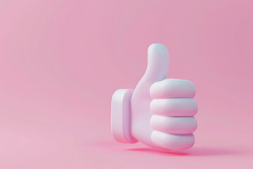 3D White Thumbs Up Hand Gesture on Pink Background.