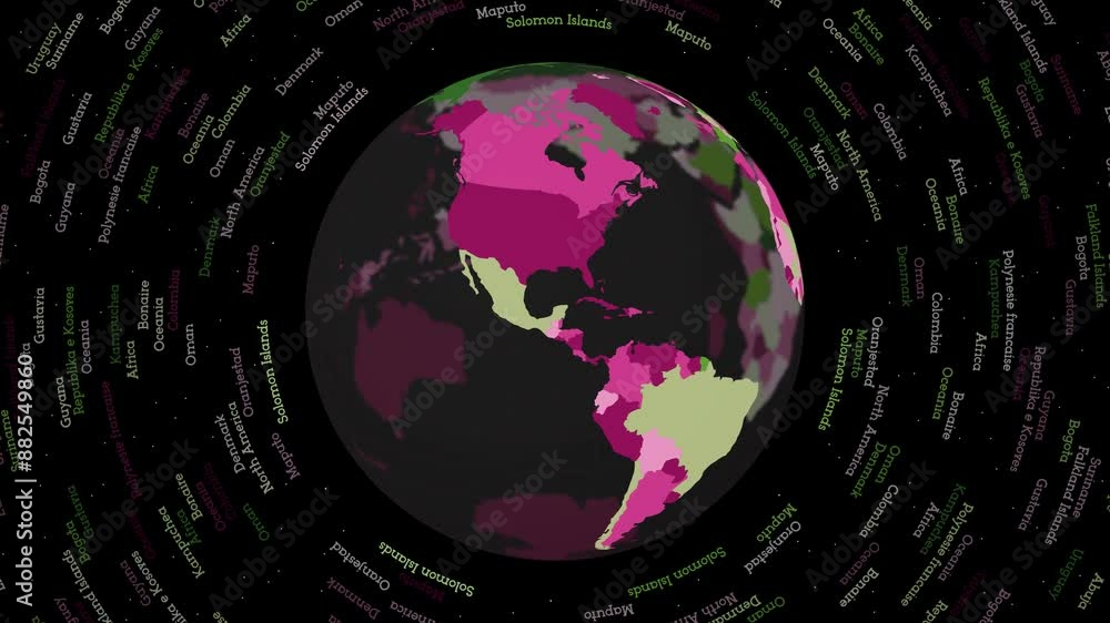 Poster rotating globe. dark translucent globe with round geographical names text. artistic spinning planet.