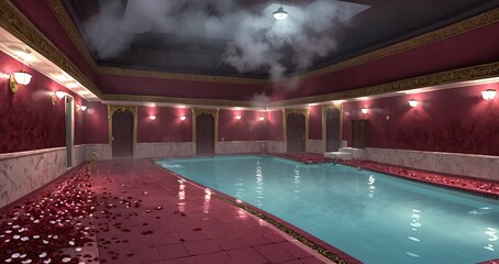 interior of bathhouse spa indoor swimming pool hot tub in palace mansion castle house. steam and fog. luxurious greek and gothic style resort with flower petals scattered on red tile and water.