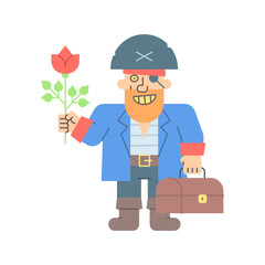 Pirate holding flower holding suitcase and smiling