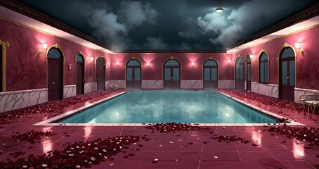 interior of bathhouse spa indoor swimming pool hot tub in palace mansion castle house. steam and fog. luxurious greek and gothic style resort with flower petals scattered on red tile and water.