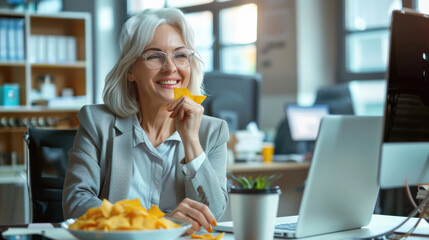 Photo of smiling positive mature lady accountant formalwear eating chips texting modern gadget indoors workplace workstation