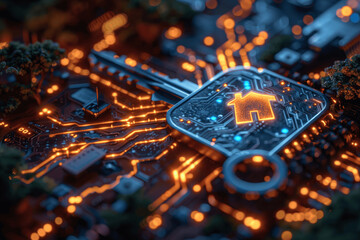 Fototapeta premium Digital Key with House Hologram on Tech Background for Smart Home Security and Property Solutions