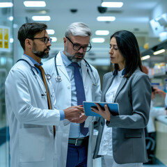 Fototapeta premium photo Pharmaceutical sales representative talking with doctors in medical building, presenting new medication on tablet. Hospital director, manager in modern clinic with doctor and nurse.