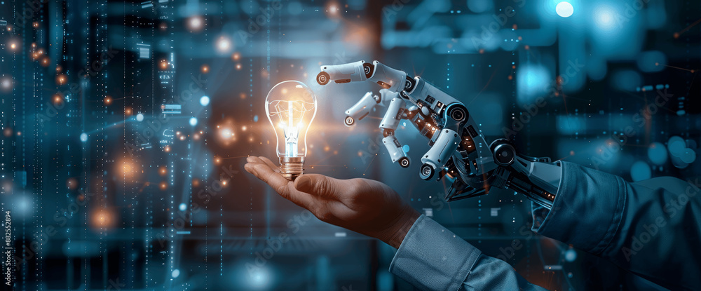 Aufkleber ai machine learning human and robot hand touch data network futuristic technology innovation brain c