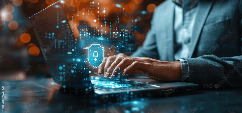 Poster business professional ensures data privacy and network security with encryption, protecting online t