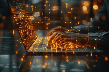 Businesswoman Using Laptop for Efficient Document Management and Digital Data System with Virtual Screen Icons