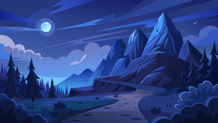 Landscape illustration of a nighttime mountain scene with a path leading to rocky hills under a starry sky with clouds and a full moon vector illustration 