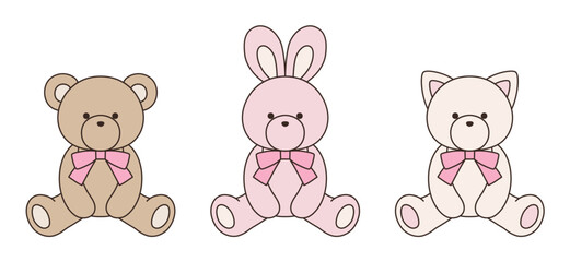 リボンをつけたかわいいくまとうさぎとねこのぬいぐるみのベクターイラストセット　アイコン　動物	
