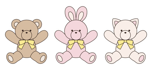 リボンをつけたかわいいくまとうさぎとねこのぬいぐるみのベクターイラストセット　アイコン　動物	