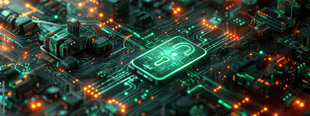 Poster cybersecurity protection with green lock icon on circuit board - digital security and encryption ban