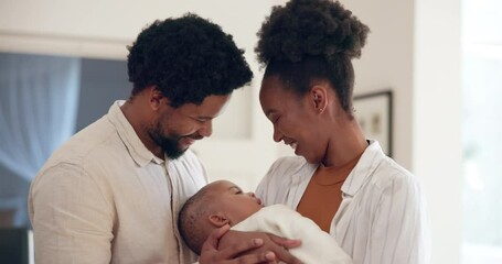 Home, black family and happy with new born baby for support, trust and care. Couple, people and relationship with sleeping child or infant for bonding, love and development with adoption as parents - Powered by Adobe