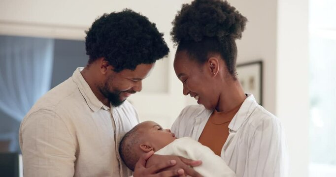 Home, black family and happy with new born baby for support, trust and care. Couple, people and relationship with sleeping child or infant for bonding, love and development with adoption as parents