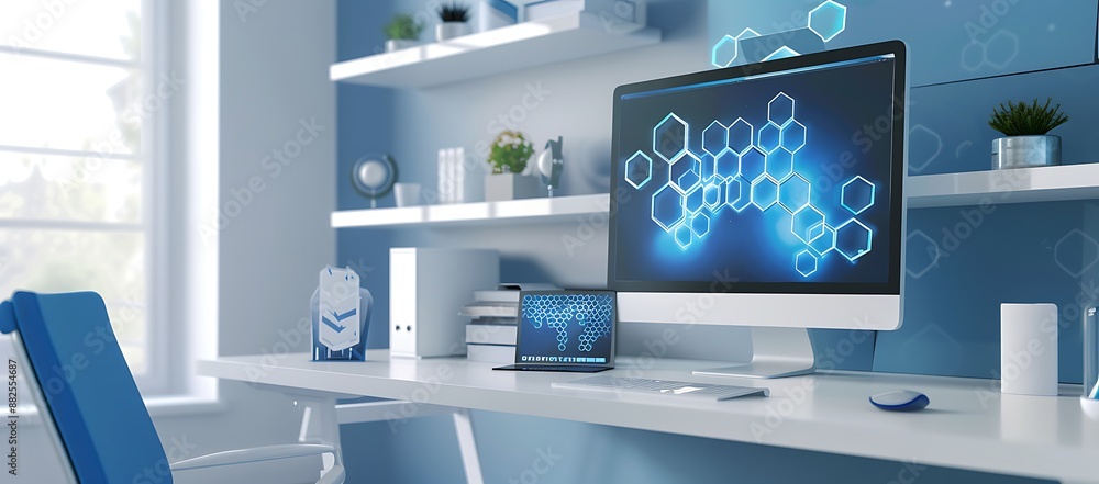 Poster futuristic home office setup with computer and digital interface