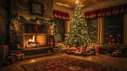 Obraz premium A beautifully decorated Christmas tree and twinkling lights in the cozy living room of a home, Generative AI