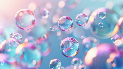 Colorful Soap Bubbles Floating in the Air Against a Soft Pastel Background with Sunlight