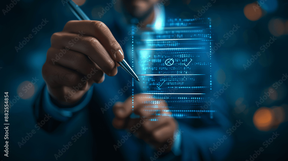 Aufkleber businessman marking checkbox on virtual screen for business performance monitoring in dark blue back