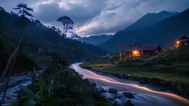 Amidst the silence of the mountains a gentle stream of car light trails illuminates the way to a remote mountain retreat perfect for a rejuvenating escape.