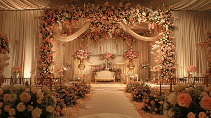 Fototapeta premium Lavish Indoor Wedding Arch A Floral Extravaganza