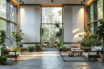 modern office roll up banner mockup with cafe and plants background blank advertising display