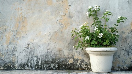 A flower pot with white paint and green leaves painted on a concrete wall a long time ago, Generative AI