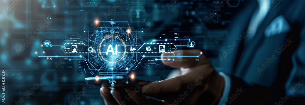Poster businessman using ai technology on smartphone with hologram icons for machine learning and smart tec