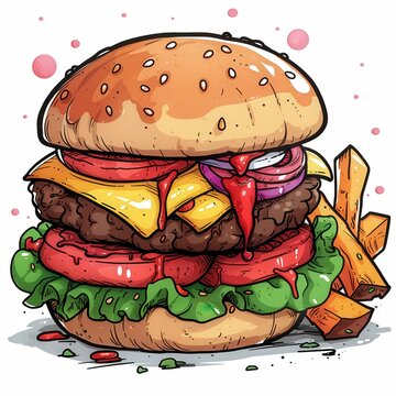 Grilled burgers, with melted cheese and a side of sweet potato fries. Single Object on white background