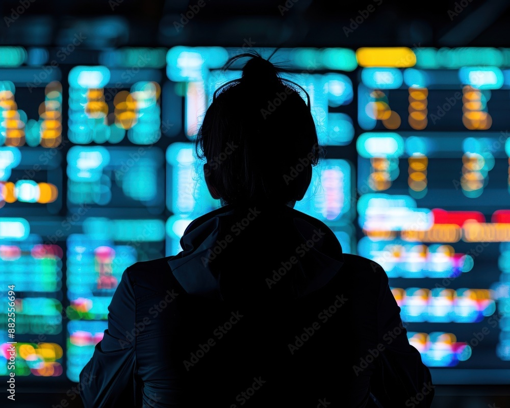 Poster silhouette of a person analyzing data on multiple screens with blue and orange light effects, symbol