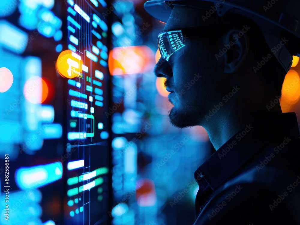 Poster profile of a man analyzing data on large screens, wearing reflective glasses, highlighting the conce