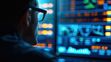 Man analyzing data on multiple screens, focused on graphs and digital information in a high-tech environment.