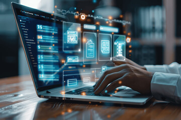 Businesswoman Using Laptop for Digital Document Management in Enterprise Data System with Virtual Display and Cinematic Lighting - Online Paperwork and Database Security Concept