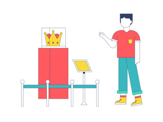 Male visitor looking crown at art museum. Museum vector illustration