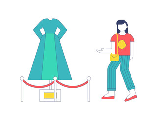 Female visitor looking dress at an art museum. Museum vector illustration