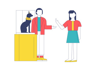 Man was explaining the history of the statue in front of him. Museum vector illustration