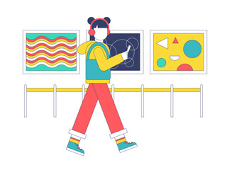 Girl walking around in the museum. Museum vector illustration