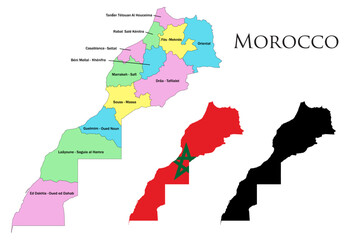 Morocco administrative divisions. Morocco flag and map illustration vector. 