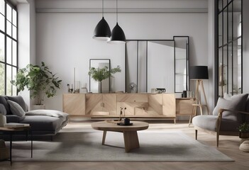 mock room empty interior home loft scandinavian coastal living render 3d decor green blank wall background up