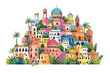 Colorful illustration of an exotic cityscape with vibrant buildings and lush greenery
