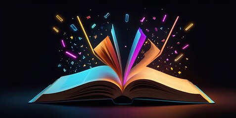 Open Book Knowledge Education concept, copy space with dark neon background