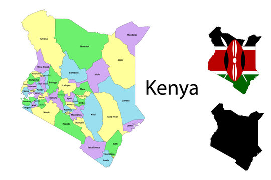 Kenya administrative divisions. Kenya flag and map illustration vector. Districts of Kenya
